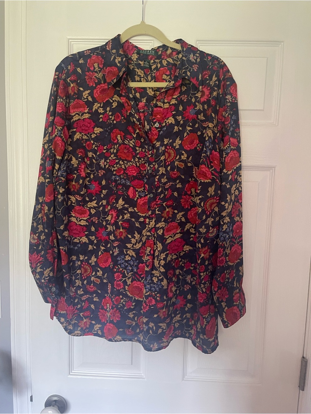 Ralph Lauren Black Floral Button-Up Blouse with Red and Gold Print